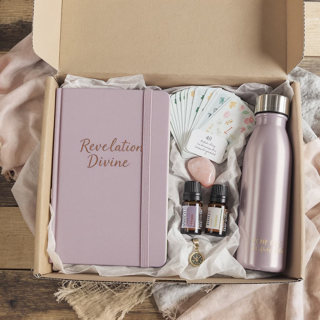 All six Survival Toolkit items — Transformation Journal, Encouragement Cards, Grounding Stones, Essential Oil Roller, Compass Pendant, and Water Bottle — packed in a Revelation Divine branded box with dusty lavender palette